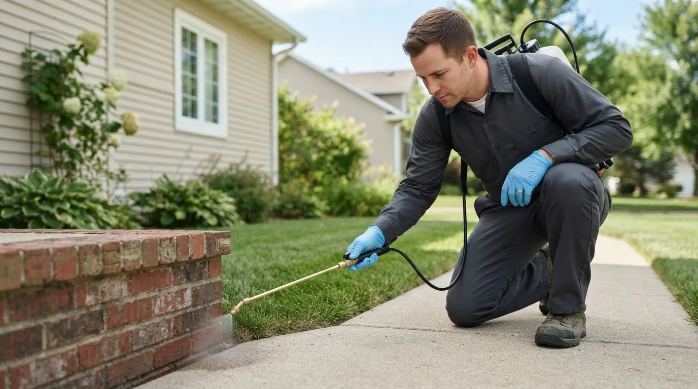 Pest control technician treating a home near Lopeno, TX